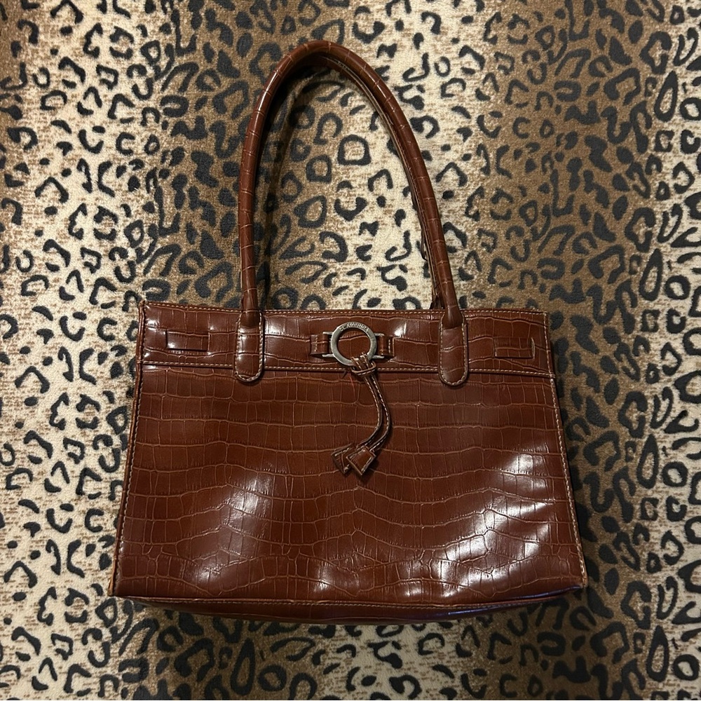 vintage 80s/90s brown croc‑embossed leather shoulder bag/purse